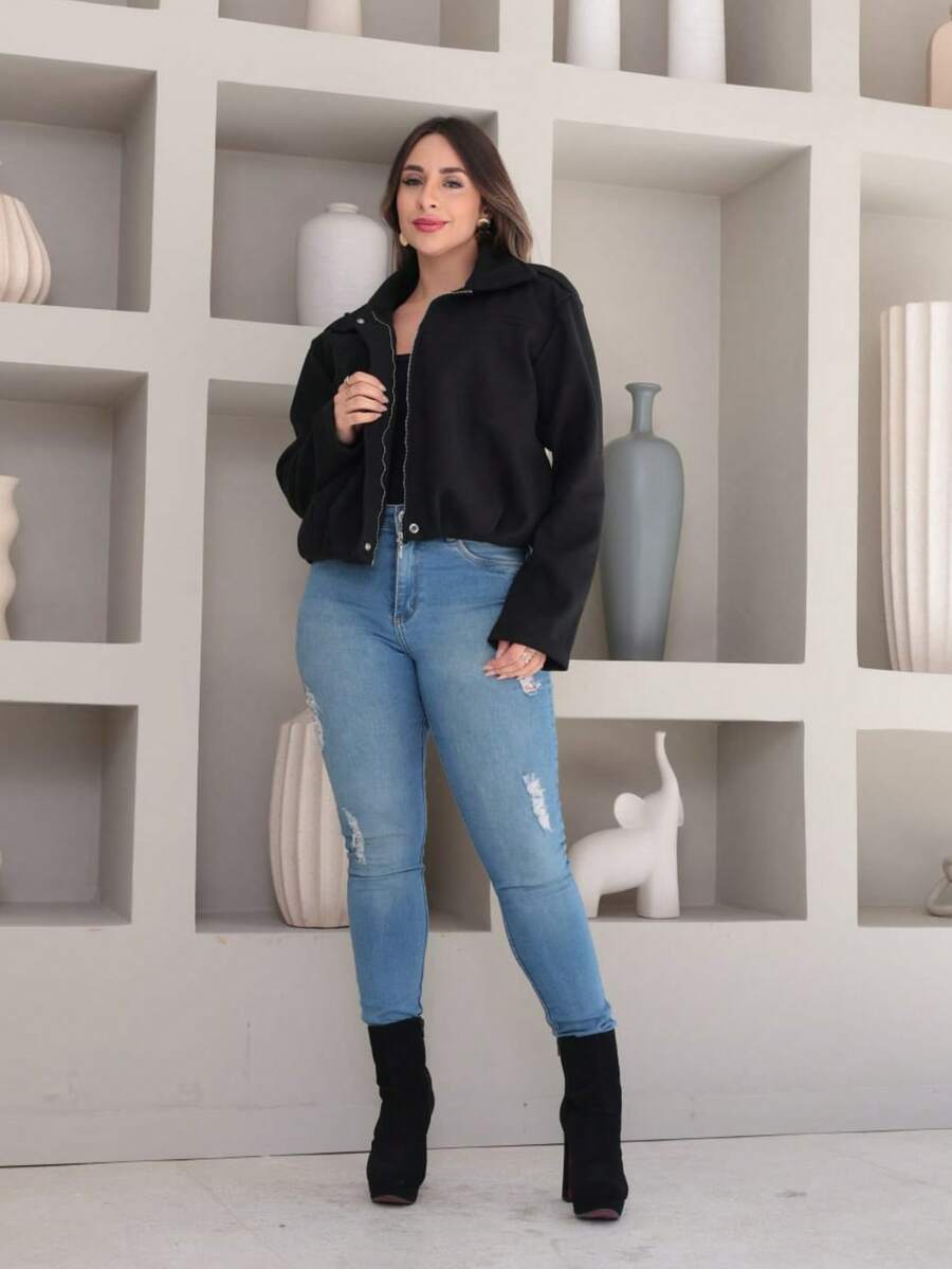 Vitoria Casaco feminina la batida jaqueta com ziper manga longo outono inverno