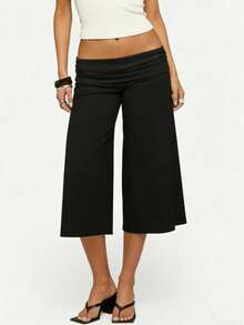 Women 's Fold Over Lounge Capris Wide Leg Low Rise Cropped Gaucho Pants Solid Color Flowy Pajama Bottom - Black - View 1