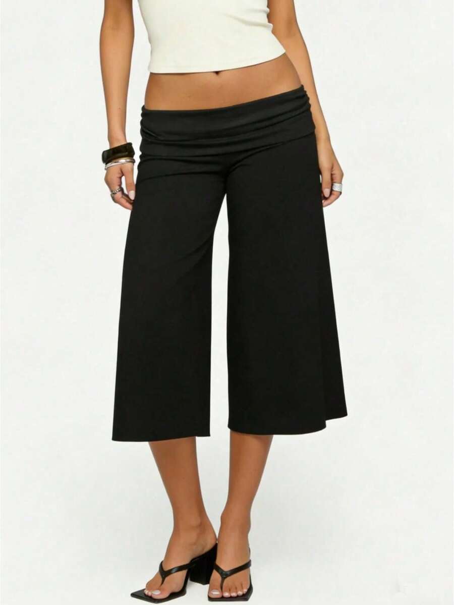 Women 's Fold Over Lounge Capris Wide Leg Low Rise Cropped Gaucho Pants Solid Color Flowy Pajama Bottom - Black - View 1
