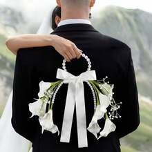 1pc Bridal Wedding Accessory, Artificial Gypsophila & Calla Lily Bridal Bouquet With Pearls And Bow, Artificial Wedding Hand Bouquet, Father's Day Gift, Bridesmaid Flower Decor - White - View 5