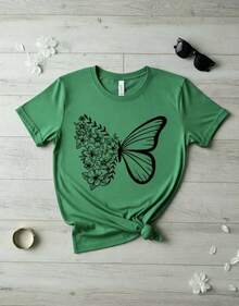 Women's Casual Style T-Shirt, Fashionable Butterfly And Floral Print, Soft Fabric, Loose Fit, Round Neck, Short Sleeves, Perfect For Spring And Summer Everyday Wear. Butterfly, Floral, Chic T-Shirt - 綠色 - 查看 3