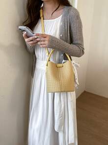 Women's Handbag Bucket Bag Fashion Versatile Elegant Solid Color Striped Yellow Bag With Scarf Suitable For Shopping And Commuting Includes Small Pouch - Yellow - View 8