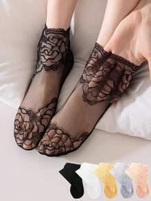 chuanwa（2） 1/5/10 Pasang Kaos Kaki Pendek Berenda Motif Mawar Transparan, Ringan dan Bernapas untuk Wanita, Cocok untuk Pemakaian Sehari-hari - MultiWarna - View 3