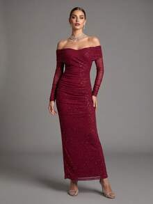 D&M Women's Sexy Ruched Off-Shoulder Fitted Long Sleeve Party Dress Wedding - Burgundy - View 5