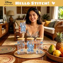 [Officially Licensed]Disney Stitch Glass Cup With Bamboo Lid And Straw | Cute Cartoon Tumbler Can Shaped Drinking Cup | Kawaii Iced Coffee Cup Gift For Lilo And Stitch Fans - Multicolor - View 7