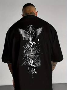 Men's Casual Short Sleeve T-Shirt - Features A Creative Wing Design, Made With Heat Transfer Printing Technology. Made With Breathable Material. - 黑色 - 查看 1