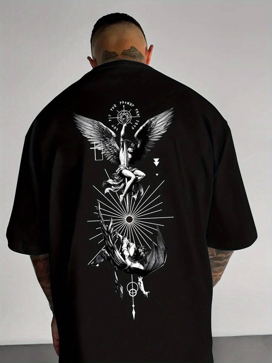 Men's Casual Short Sleeve T-Shirt - Features A Creative Wing Design, Made With Heat Transfer Printing Technology. Made With Breathable Material. - 黑色 - 查看 1