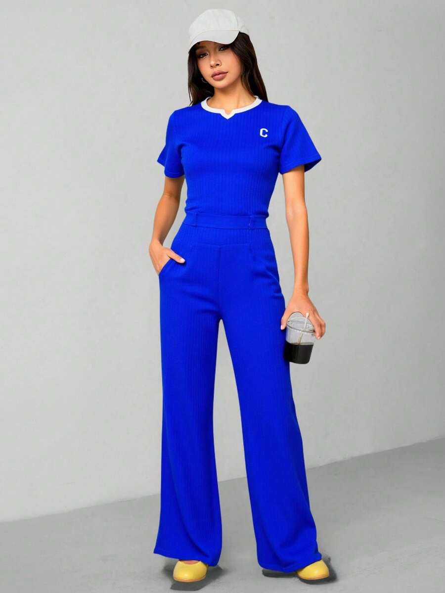 Conjunto Casual de Mujer de 2 Piezas Estilo Casual Chic en Poliéster con Top de Manga Corta y Pantalón Palazzo de Pierna Ancha | Outfit Cómodo para Uso Diario, Viajes y Primavera-Verano - Azul - Ver 1