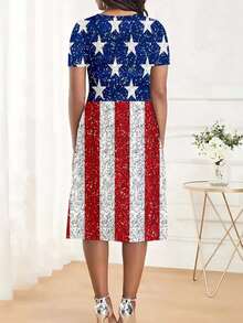 American Flag Print Sequin Dress Women Patriotic Independence Day Celebration Party Dress Short Sleeve Round Neck Midi Dress For 4th Of July - Multicolor - View 2