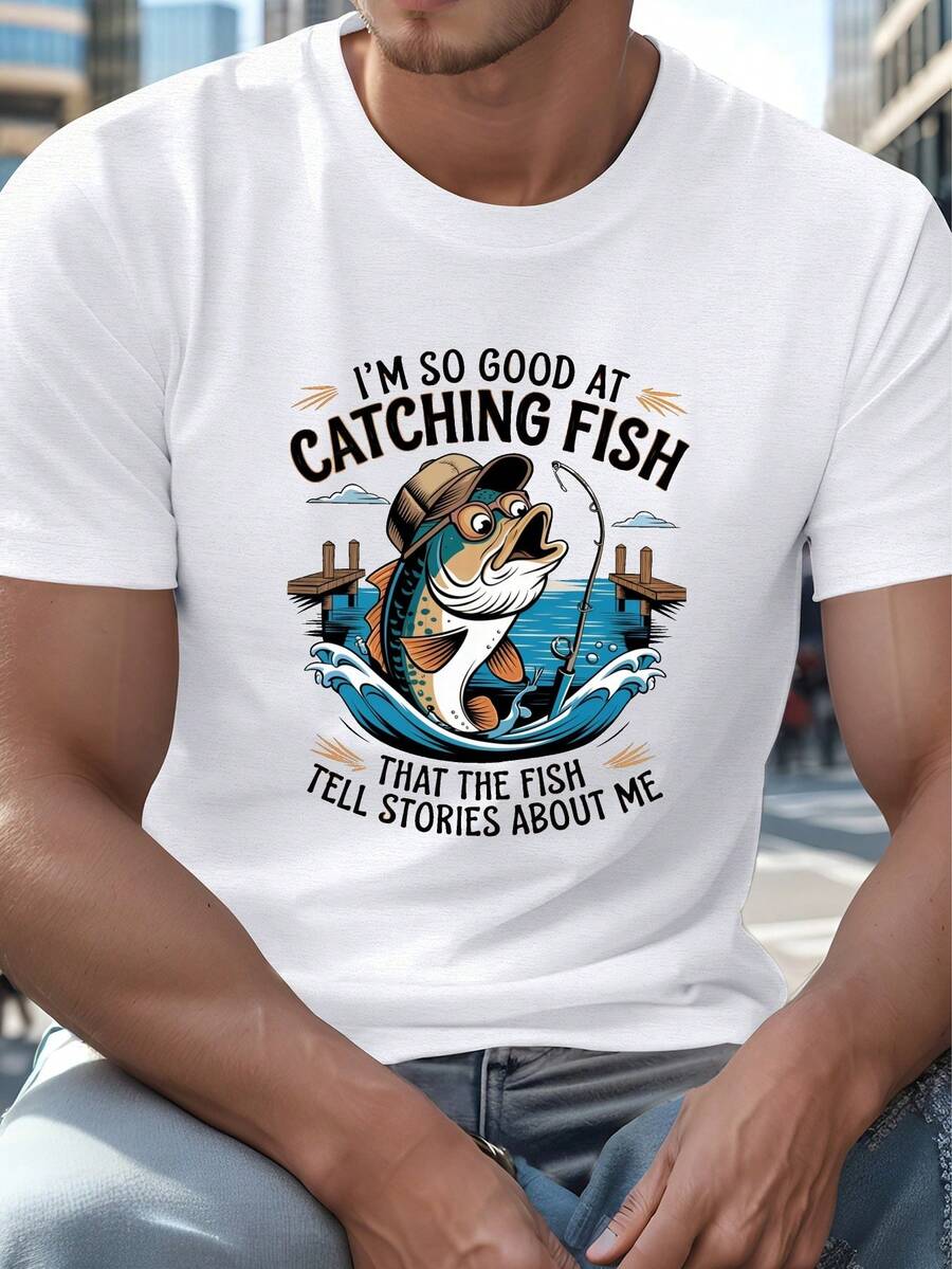 Men's Plus Size Summer T-Shirt - Fun Classic Fish Design, Casual Short Sleeve T-Shirt, Breathable Polyester, Machine Washable, PLUS SIZE - 白色 - 查看 1