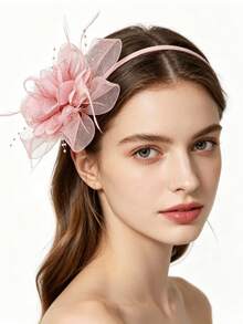 1 pièce Accessoire de tête élégant pour femme - Pince à cheveux style 1950s/60s avec ruban en maille florale, fascinateur décoratif vintage convenant pour les goûters élégants, le Kentucky Derby, les mariages et autres occasions formelles, bandeau pour cheveux - Vieux Rose - Voir 2