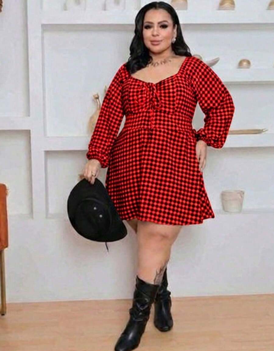 Women's Plus Size Loose-Fitting Checkered Jumpsuit Dress - 紅黑 - 查看 1