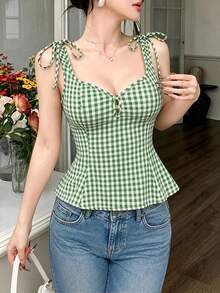 abyoxi Women's Green & White Plaid Bow Decor Camisole Square Neck Fitted Waist A-Line Ruffle Hem Top, Casual Sweet Vintage Style, Suitable For Dating, Daily Outings, Vacation, Work, Commuting, Stretchy Body-Hugging Spring & Summer Tank Top - Army Green - View 1