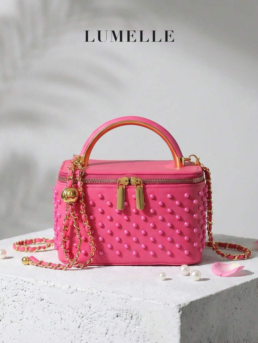 Tas Selempang Mini Persegi Hitam, Tas Jinjing Fashion Wanita dengan Tali Rantai Bola Emas yang Dapat Diatur, Cocok untuk Perjalanan Sehari-hari - Hot Pink - View 1