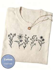 Women Floral Print Crew Neck Loose Casual T-Shirt, Short Sleeve Cheap Clothes Camiseta 100 Percent Cotton Clothing Women - 杏色 - 查看 6