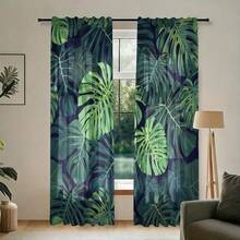 2pcs Polyester Tropical Palm Leaf Print Light Filtering Curtains, Suitable For Bedroom, Living Room, Office And Home Decor, Rod Pocket Design, Suitable For Rod Mounting - Multicolor - View 6