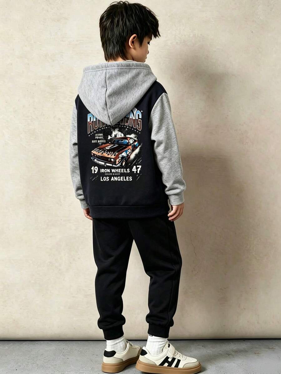Conjunto de chaqueta de béisbol y pantalones con estampado de letras para niños - Negro - Ver 1