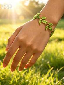 OOQ 1pc Summer Vacation Style 3D Leaf Handmade Women's Fashion Chain Bracelet, Summer Beach Seaside Travel Party Ball Dress Accessory, Mother's Day Valentine's Day Gift For Friends (Handmade Weaving Method Random, Pure Handmade May Occasionally Have Glue Residue) - Green - View 4