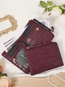 Burgundy Zip Wallet Compact 2-Fold Purse With Multiple Card Slots Coin Cash Compartment Unisex Daily Use Travel Gifting Card Holder,Clutch Bag Elegant - Burgundy - View 10
