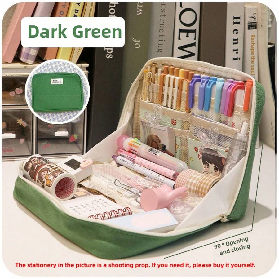 90° Multi-Layer Pencil Case, Student Stationery Organizer, Large Capacity, Sorted And Organized. - 墨綠色 - 查看 1