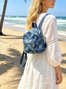 Mochila clásica versátil y sencilla de tela vaquera de moda para mujer, estilo callejero para viajes y multiusos - Negro - Ver 7