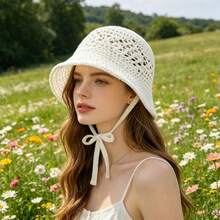 Women Crochet Bucket Hat Solid Color Cutout Breathable Knitted Beach Hat Sun Hat Spring Summer Bucket Caps - 白色 - 查看 6