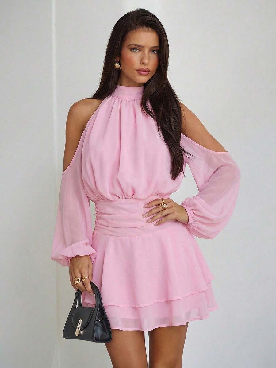 2026 Nuevo Vestido de manga larga con hombros descubiertos en color morado-rojo, vestido elegante y casual para uso diario con cuello alto pequeño, primavera - Rosa Pálido - Ver 1