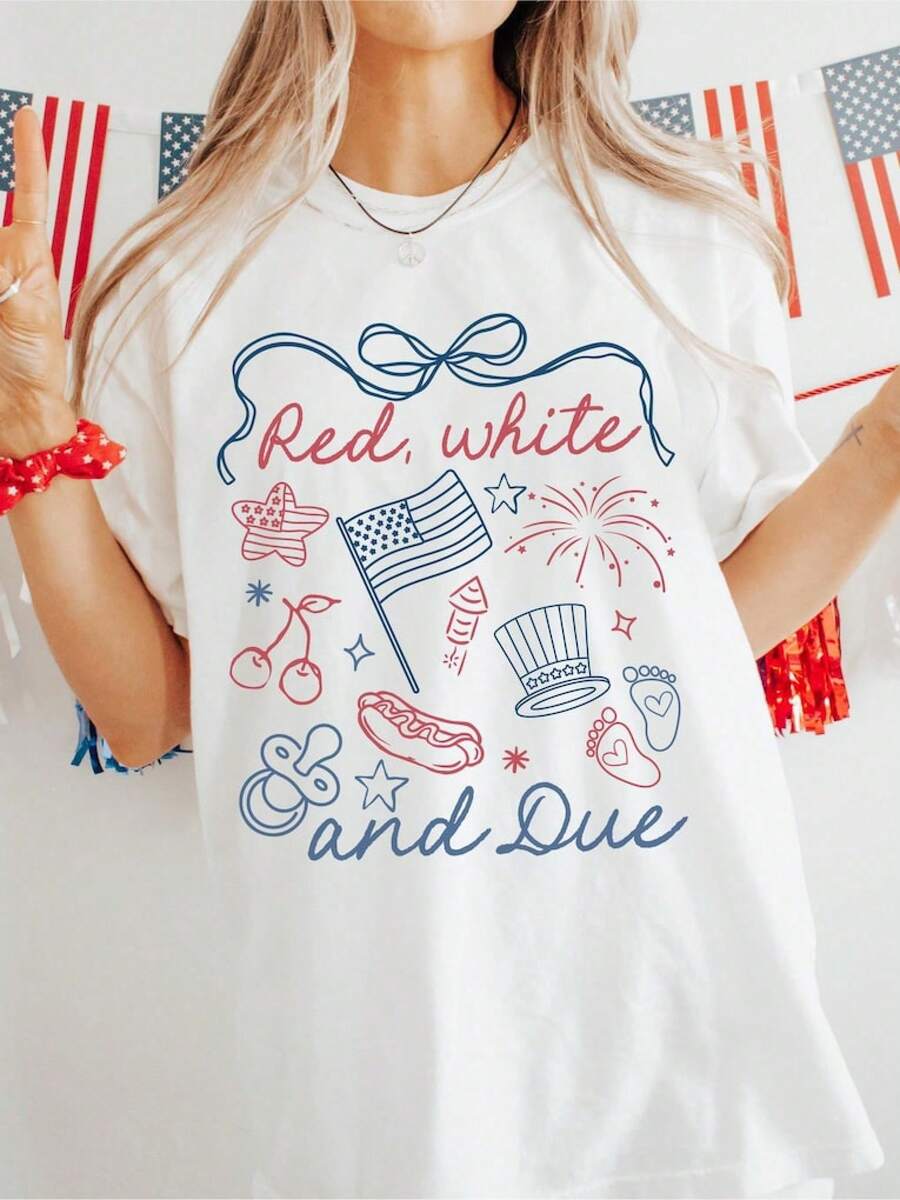 Men's Short-Sleeved T-Shirt, Red, White And Blue, For July 4th Pregnancy Reveal, Summer Pregnancy Announcement T-Shirt, Expectant Mom T-Shirt. - 白色 - 查看 1