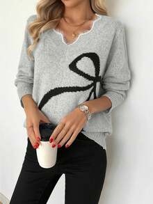 PlusSizeWomenBowJacquardFrayedVNeckSweaterOversizedLooseKnitPulloverFallWinterDailyCasual2026 - Light Grey - View 4