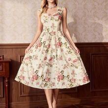 Vestido elegante vintage de mujer con bolsillos, vestido con estampado floral, cuello en forma de corazón, vestido casual de vacaciones - Amarillo - Ver 2