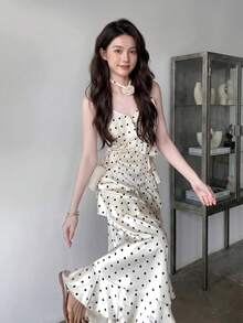 Elegant Polka Dot Cami Maxi Dress With Tiered Ruffle Hem, Satin-Like - Apricot - View 1