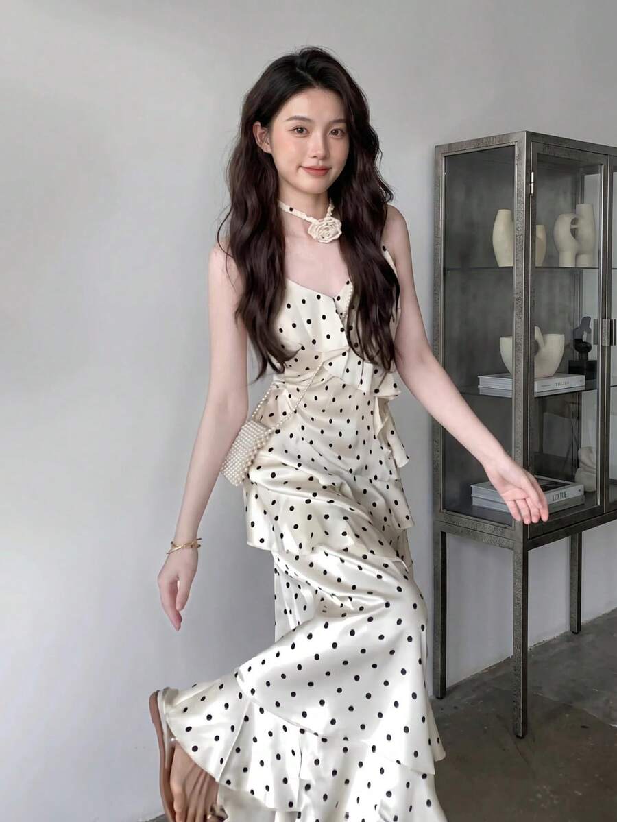 Elegant Polka Dot Cami Maxi Dress With Tiered Ruffle Hem, Satin-Like - Apricot - View 1