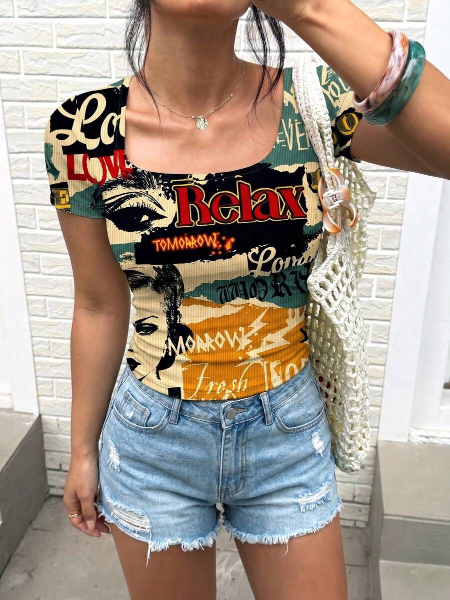 Women's Ribbed Print Square Neck Short Sleeve Knit Top, Spring Summer Plus Size Short Sleeve T-Shirt Casual - Multicolor - View 1