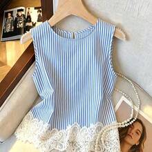 Nana's Women's Clothing Store  Blusa de mujer elegante francesa de primavera/verano con lazo, de gasa negra con combinación, sin mangas, color albaricoque, versátil y minimalista - Azul y blanco - Ver 3