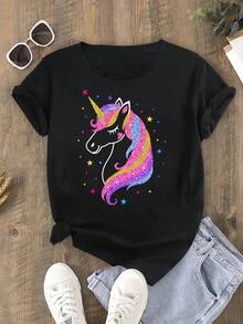 Magical Unicorn T-Shirt. Soft, Stretchy, Ideal For Parties. - 黑色 - 查看 1