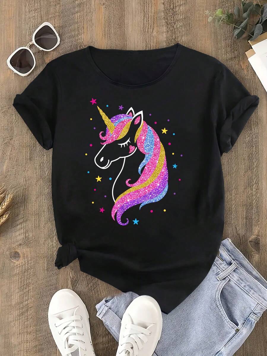 Magical Unicorn T-Shirt. Soft, Stretchy, Ideal For Parties. - 黑色 - 查看 1