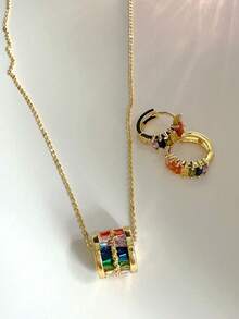 Conjunto de Collar de Clavícula y Pendientes de Botón con Brújula Colorida Lulutong - Dorado - Ver 3
