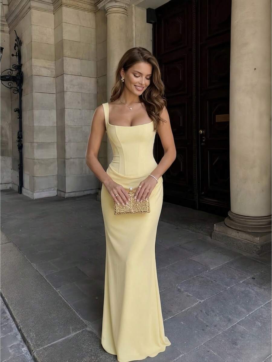 Cornelia Women's Sexy Spaghetti Strap Fitted Long Dress, Summer Satin Pleated Dress, Black Tie Back Elegant Birthday Party Cocktail Dress - Light Yellow - View 1
