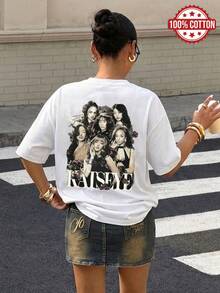 T-shirt da donna con stampa grafica di una ragazza della band Katseye, top lungo ultra-largo primavera/estate 2026, t-shirt con stampa divertente, pezzo unico e personale. - Bianco - Visualizzare 4