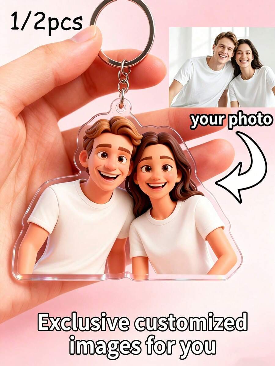 1/2 piezas Llavero con foto personalizada, Llavero personalizado con foto de pareja estilo de animación de dibujos animados - Llavero personalizado, Arte Pei Mian moderno y divertido - Multicolor - Ver 1