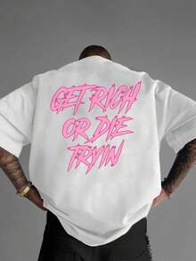 Camiseta de Hombre de Corte Holgado con Estampado de Grafiti Get Rich Die Tryin' - Estilo-Hop Streetwear, Estampado de Letras Rosadas, Cuello Redondo Holgado, Manga Corta, Diseño Llama - Negro - Ver 7