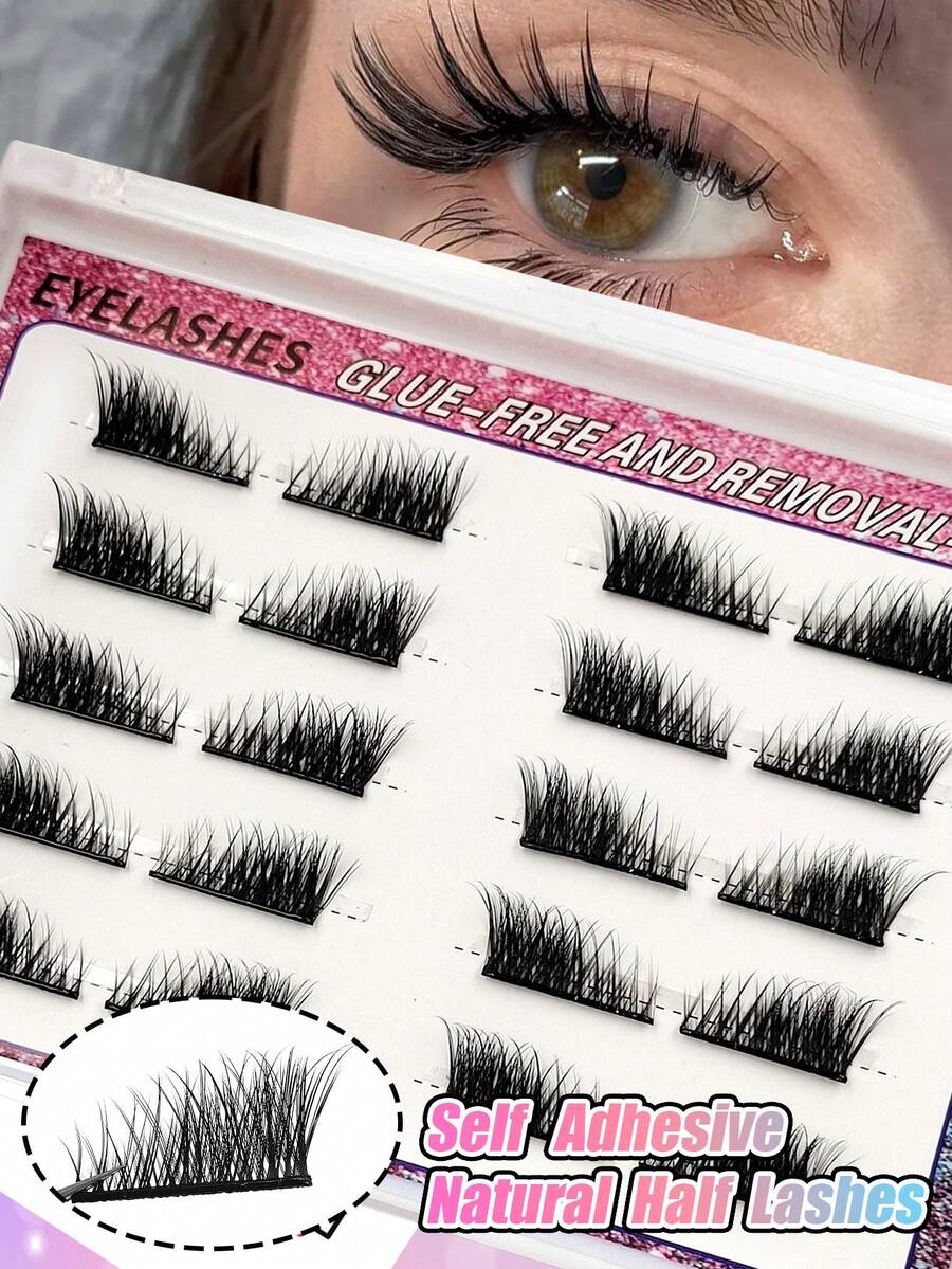 10 pares de pestañas medias sin pegamento y sin necesidad de removedor, pestañas de ojo de gato naturales autoadhesivas, pestañas pre-pegadas reutilizables, sin necesidad de pegamento, pestañas en tira naturales - Negro - Ver 1