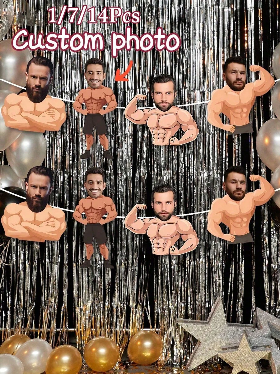 1/7/14pcs Set Customized Muscular Male Face Photo Banners, 4 Styles Available. Personalized Funny Bodybuilder Face Flags Banners, Single Person Party Decor, Gym Or Fitness Events, Adult Men's Birthday Party Supplies, Suitable For Birthday - Multicolor - View 1