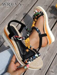 WRCVS Sandal Tali Anyaman, Sandal Platform Wedges Musim Panas, Sol Tali, Anyaman Manik-Manik Buatan Tangan dengan Pola Acak, Sandal Liburan Ringan, Sandal Luar Ruangan Gaya Bohemian yang Menambah Tinggi Badan - Hitam - View 3