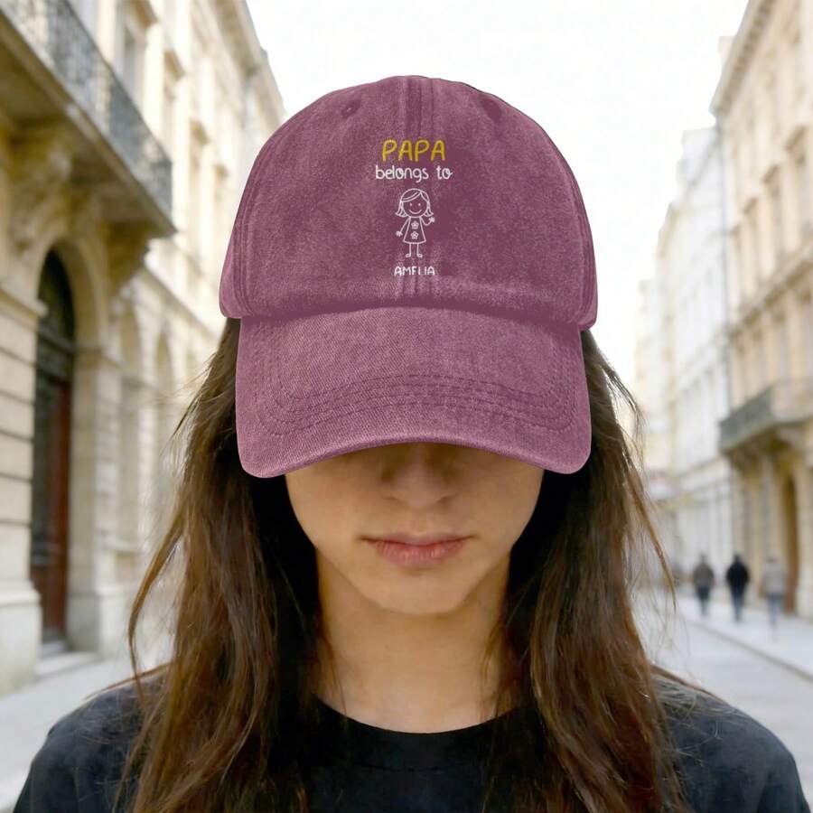 Personalized Papa Belongs To Kids Name Washed Baseball Cap, Custom Father's Day Gift Dad Hat With Stick Figure Print, Adjustable Unisex Cap, 9 Colors Available - Burgundy - View 1