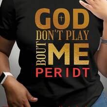 Women's Casual Short Sleeve T-Shirt With Gold Glitter Letter Print "GOD DON'T PLAY ME PERDIT" | Black Crew Neck T-Shirt, Loose Fit, Medium Stretch, Machine Washable - 黑 - 查看 2
