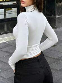 Kaos Crop Top Kasual Lengan Panjang Kerah Tinggi Warna Polos untuk Wanita, Putih Musim Semi/Musim Gugur - Putih - View 2
