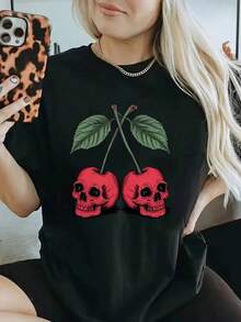 Women's 100% Cotton Gothic Skull And Cherry T-Shirt - Casual Black Summer T-Shirt Decorated With Red Cherry And Green Leaf Patterns, QBH8 - 黑色 - 查看 1