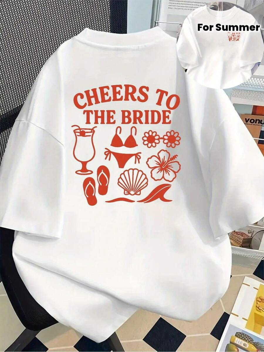 Summer Beach, Wedding Celebration, Cheers To The Bride! Printed T-Shirt, Short Sleeve, Round Neck, Casual Top For Summer And Spring, Women's Clothing, Cotton T-Shirt, Wedding Celebration - 白色 - 查看 1