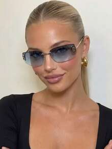 1 Pair Women's Silver Cat Eye Semi-Rimless Metal Leg Gradient Hollow Lens Y2K Street Style Fashion Glasses - Silver Frame, Light Blue - View 2
